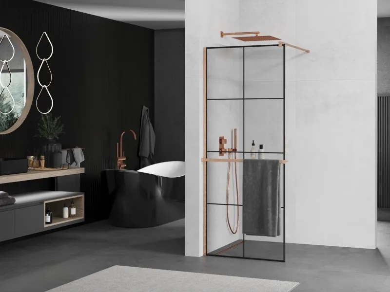Mexen Kioto+, sprchová zástena Walk-In s poličkou a vešiakom 90 x 200 cm, 8mm číre sklo čierny vzor, medený matný profil, 800-090-121-65-77