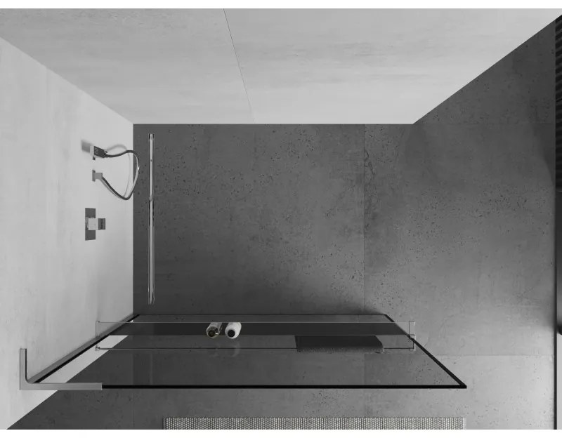 Mexen Kioto+ L, sprchová zástena Walk-In s poličkou a vešiakom 80 x 200 cm, 8mm číre sklo čierny vzor, chrómový profil, 800-080-123-01-70
