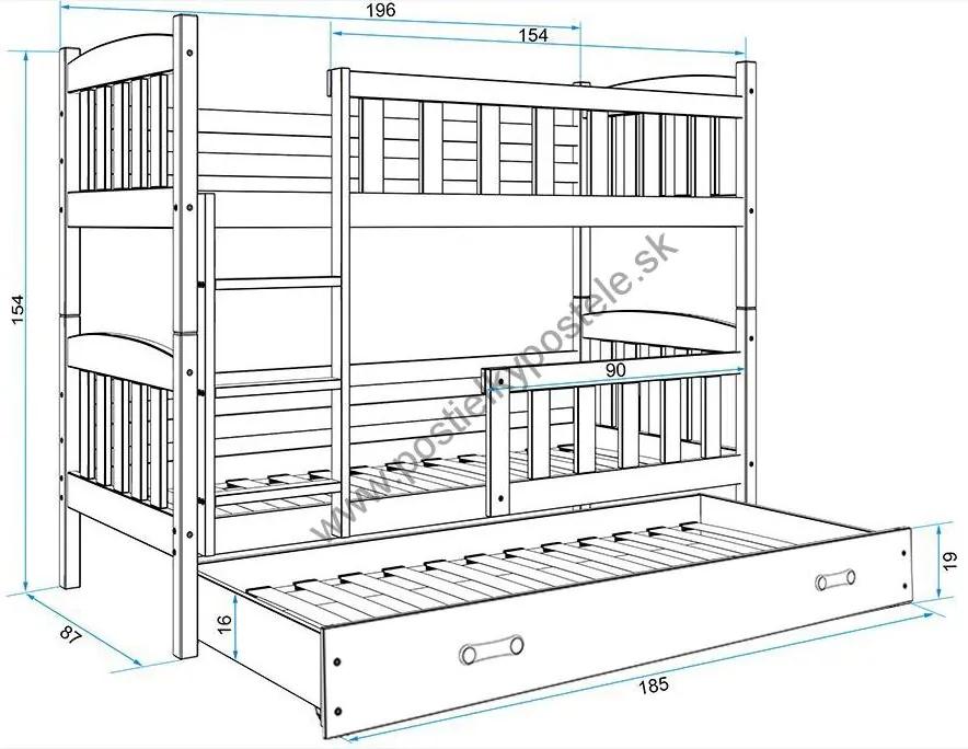 Poschodová posteľ s prístelkou KUBO 3 - 190x80cm Biela - Modrá