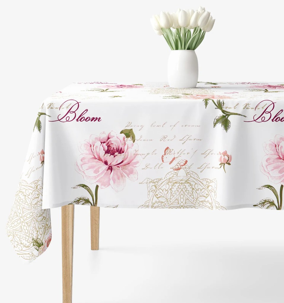 Goldea hranatý obrus 100% bavlnené plátno - pivonky s textami 140 x 220 cm