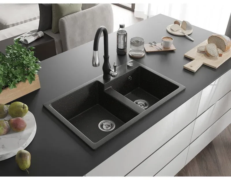 Mexen Tomas, granitový drez 800x500x190 mm, 2-komorový a drezová batéria Savita, čierna-zlatá metalíza, 6516-75-672601-70