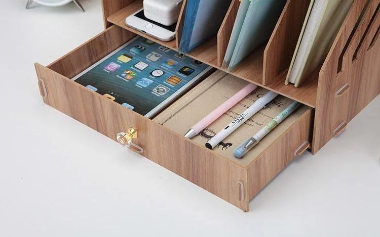 Drevený kancelársky organizér na dokumenty A4 so širokou zásuvkou svetlé drevo/dub DIY QS207