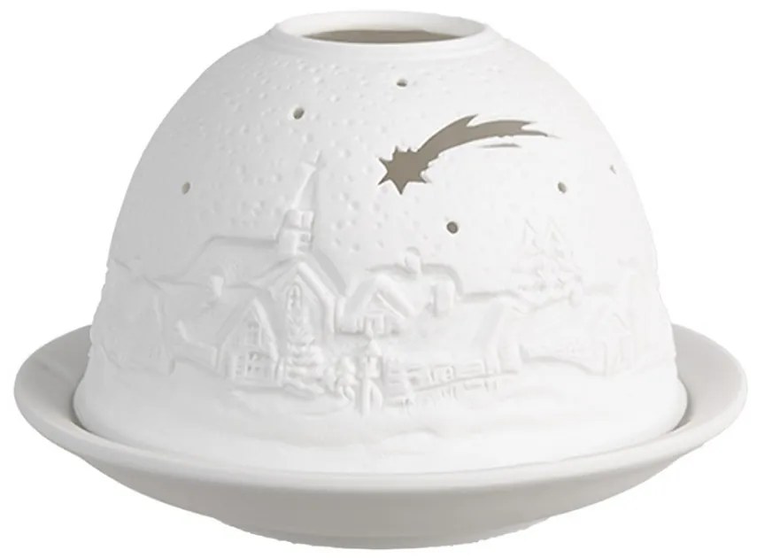 Biely porcelánový svietnik na čajovú sviečku s vianočnou dedinkou Paollo - Ø 12 * 8 cm