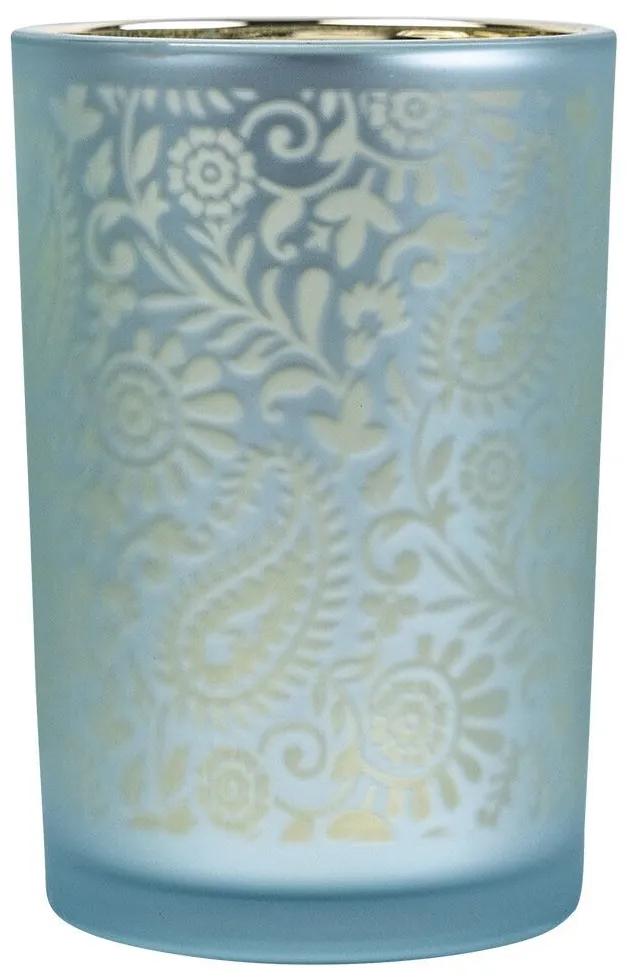 Modro strieborný sklenený svietnik s ornamentami Paisley vel.L - Ø12*18cm