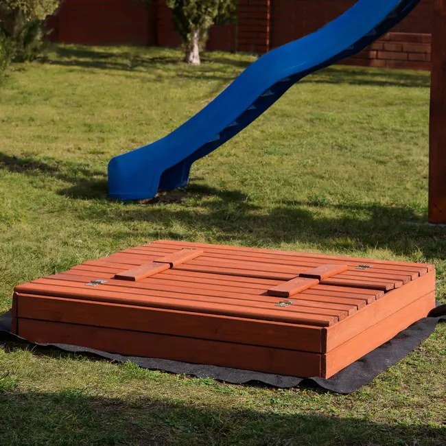 SPRINGOS Uzavreté drevené pieskovisko s lavičkami 120x120 cm – impregnované drevo, s plachtou a netkanou textíliou SBP120SET02