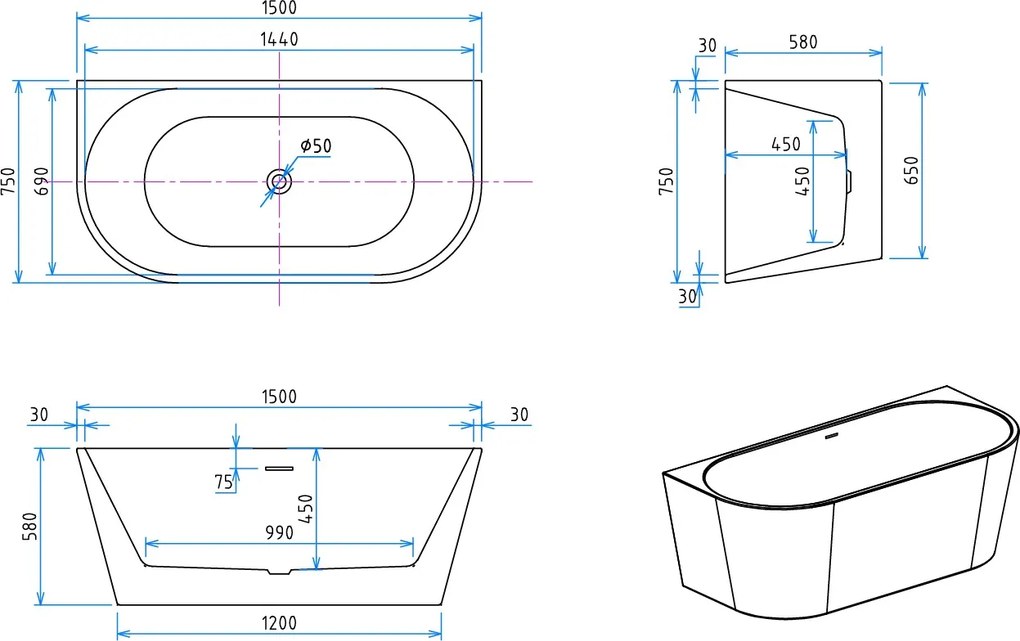 Erga Norah, voľne stojaca vaňa ku stene 150x75 cm + odtoková zátka, biela lesklá, ERG-NORAH-150075-WH-WH