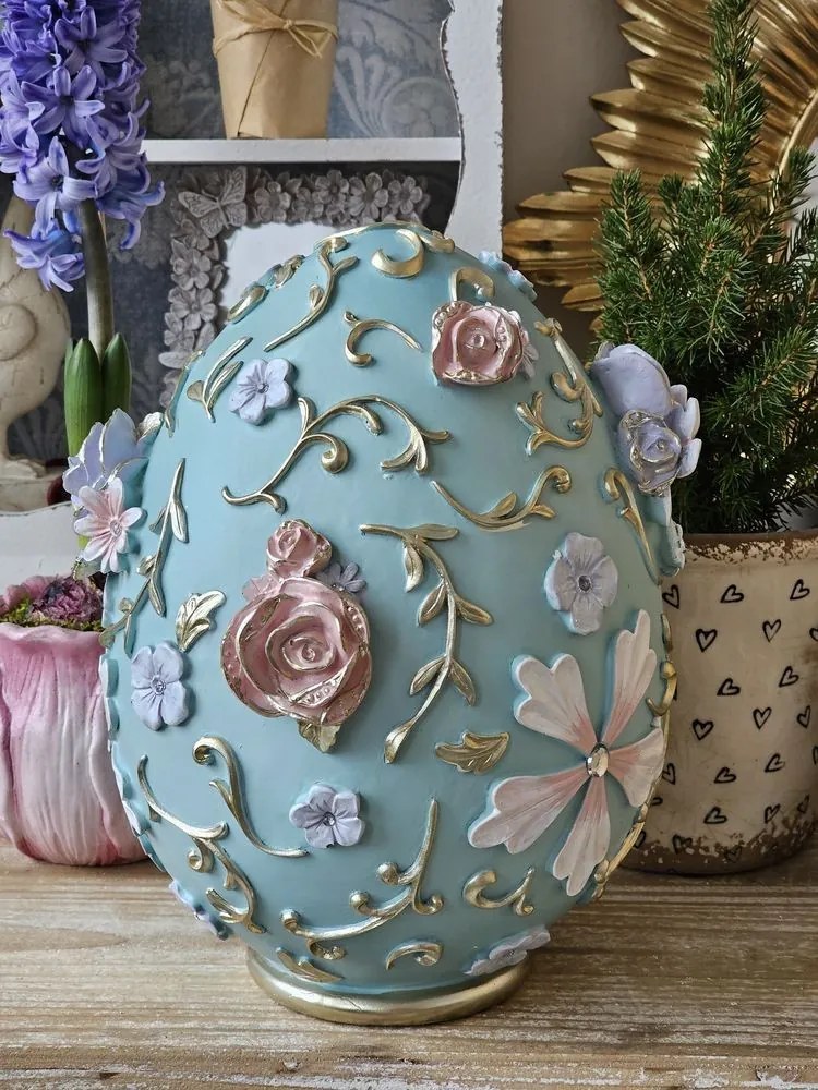 Modrá dekorácia vajíčko zdobené kvetmi - 21*22*26 cm