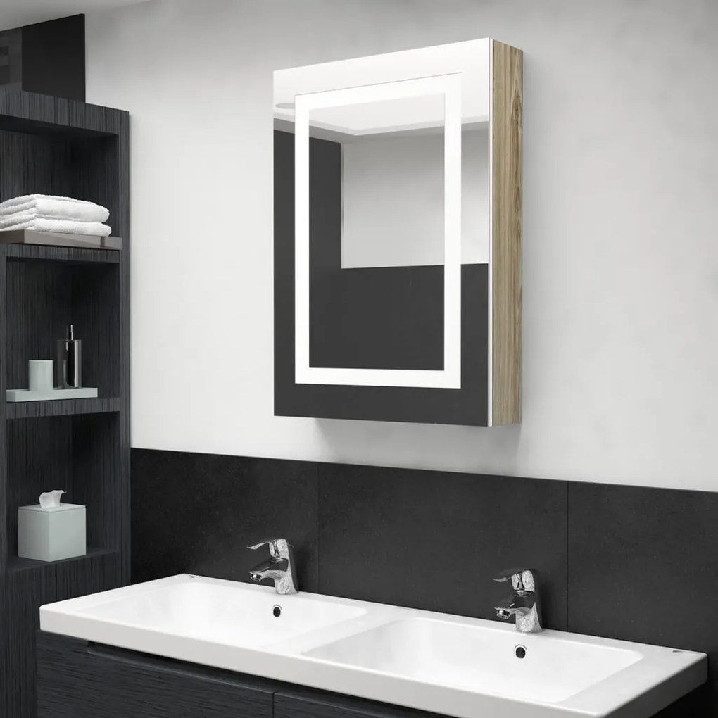 LED kúpeľňová zrkadlová skrinka biela a farba dubu 50x13x70 cm