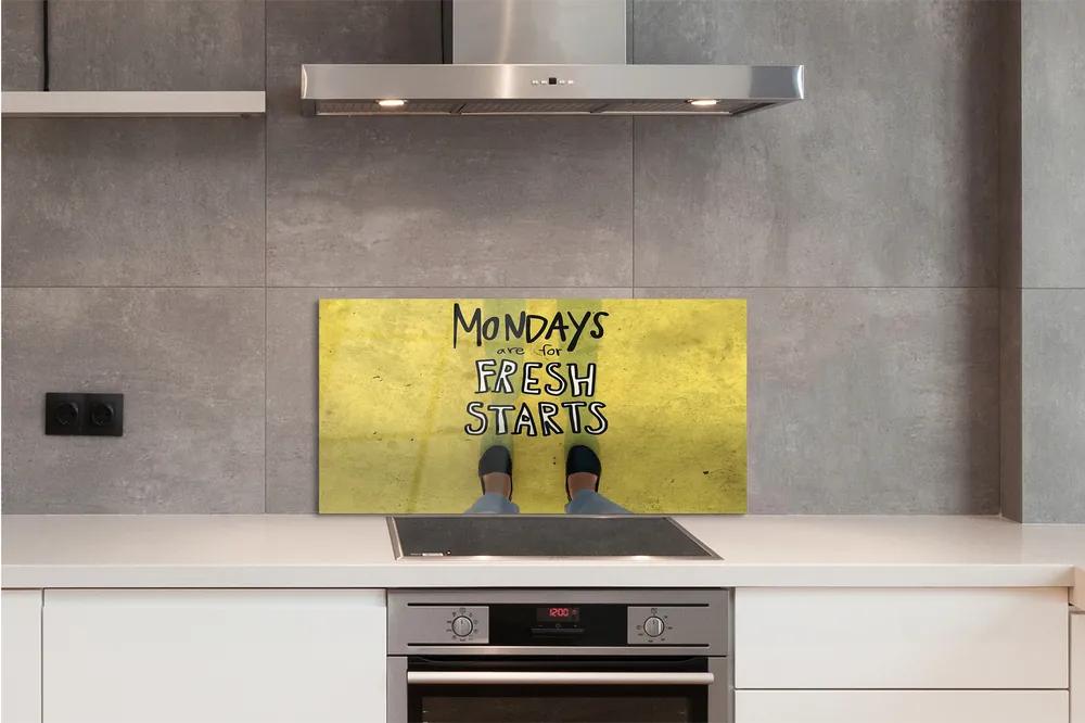 Sklenený obklad do kuchyne Nohy žltom pozadí nápis 140x70 cm
