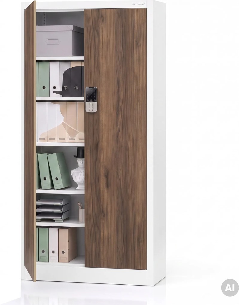Kovová kancelárska skriňa so zámkom na kód biela, orech, 900x1850x400 mm: DANIEL Eco Design