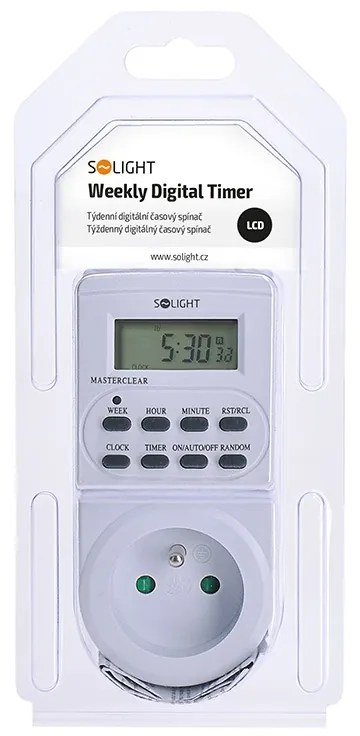 SOLIGHT Digitálny týždenný časový spínač 230V/16A, 1 zásuvka, biely