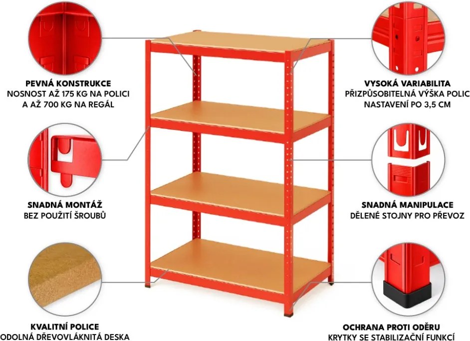 Akcia 20x Regál 150x70x30 cm lakovaný 4-policový, nosnosť 700 kg - červený