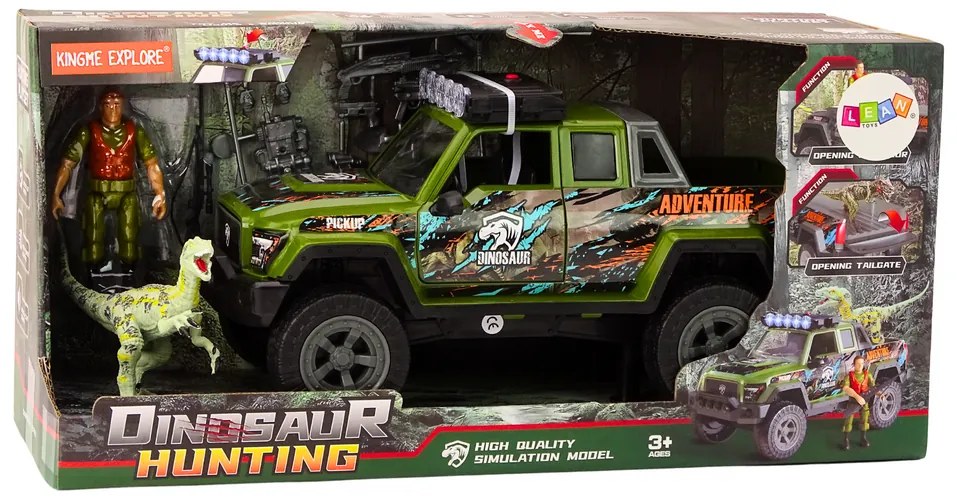 LEAN TOYS Terénne poľovnícke auto Dinosaurus, svetlá, zvuky - zelená