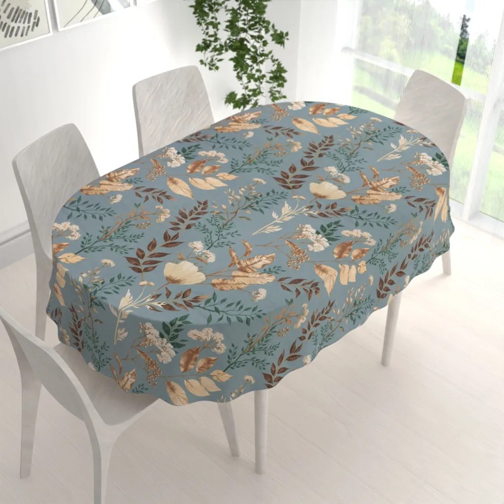 Biante Bavlnený oválny obrus Sandra SA-551 Jesenné vetvičky na sivomodrom 120x140 cm