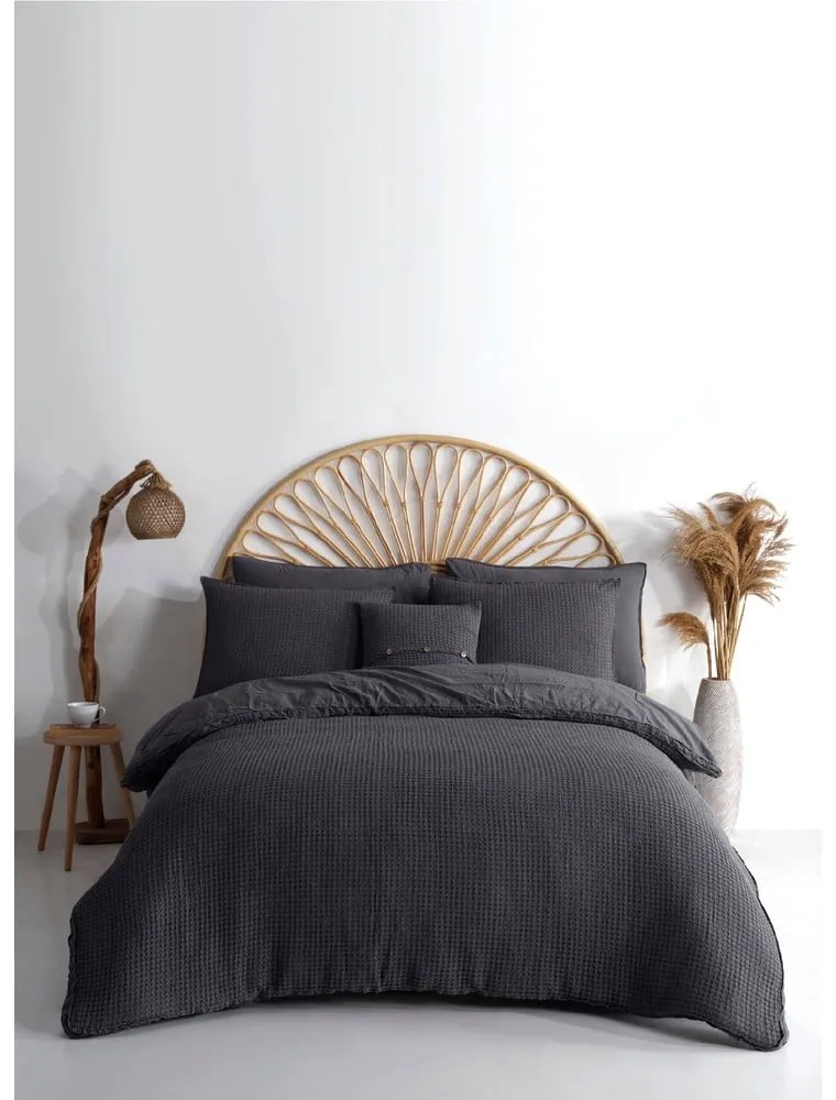 Antracitové obliečky na jednolôžko z bavlny Renforcé 140x200 cm Waffle Striped – Mila Home Luxury