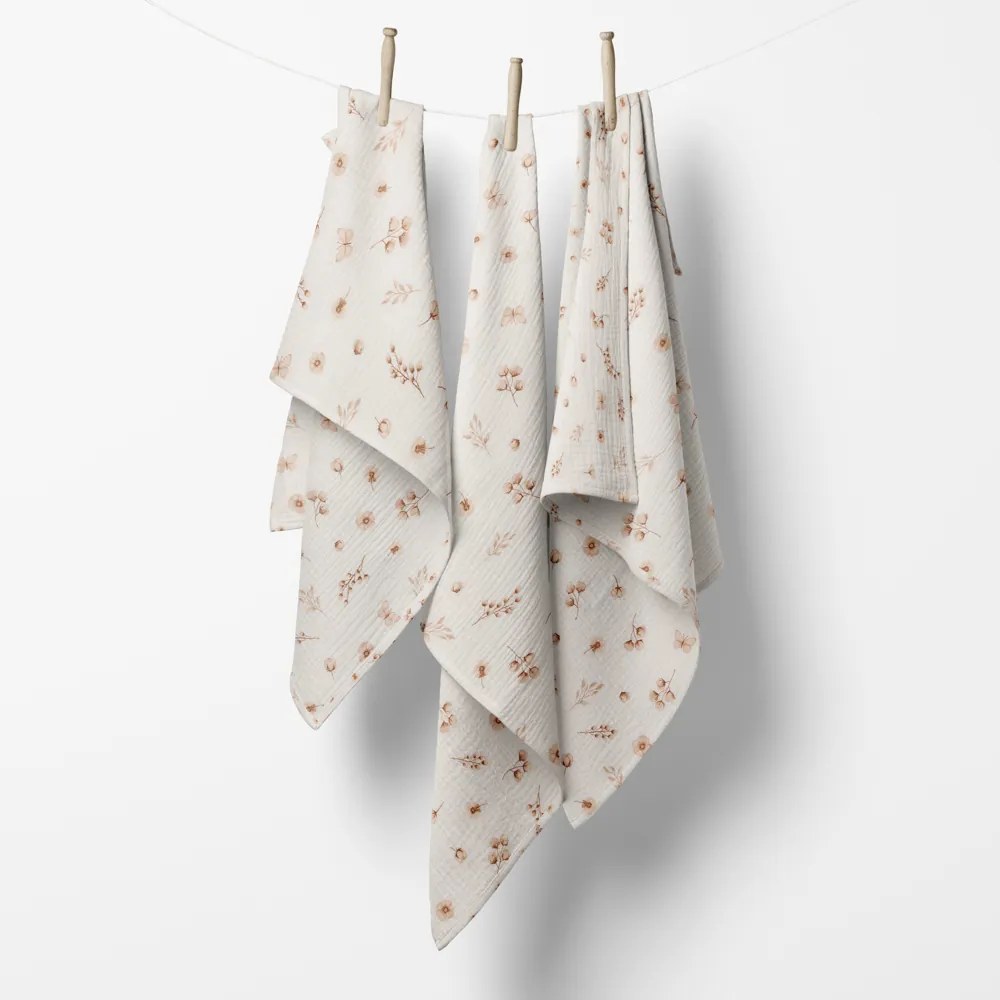 Biante Mušelínová plienka/dečka Nature MSN-085 Vetvičky s motýlikmi na krémovo bielom - ZVÝHODNENÁ SADA 3 KS 120x120 cm - Sada 3 ks