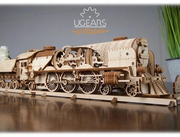 Ugears - 3D drevenené mechanické puzzle V-Express parná lokomotíva s tendrom