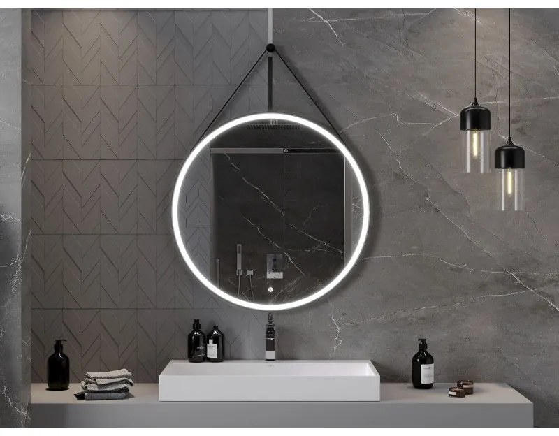 Mexen Reni, LED kúpeľňové zrkadlo s podsvietením 90x90 cm, 6000K, čierny rám, ochrana proti zahmlievaniu, 9812-090-090-611-70