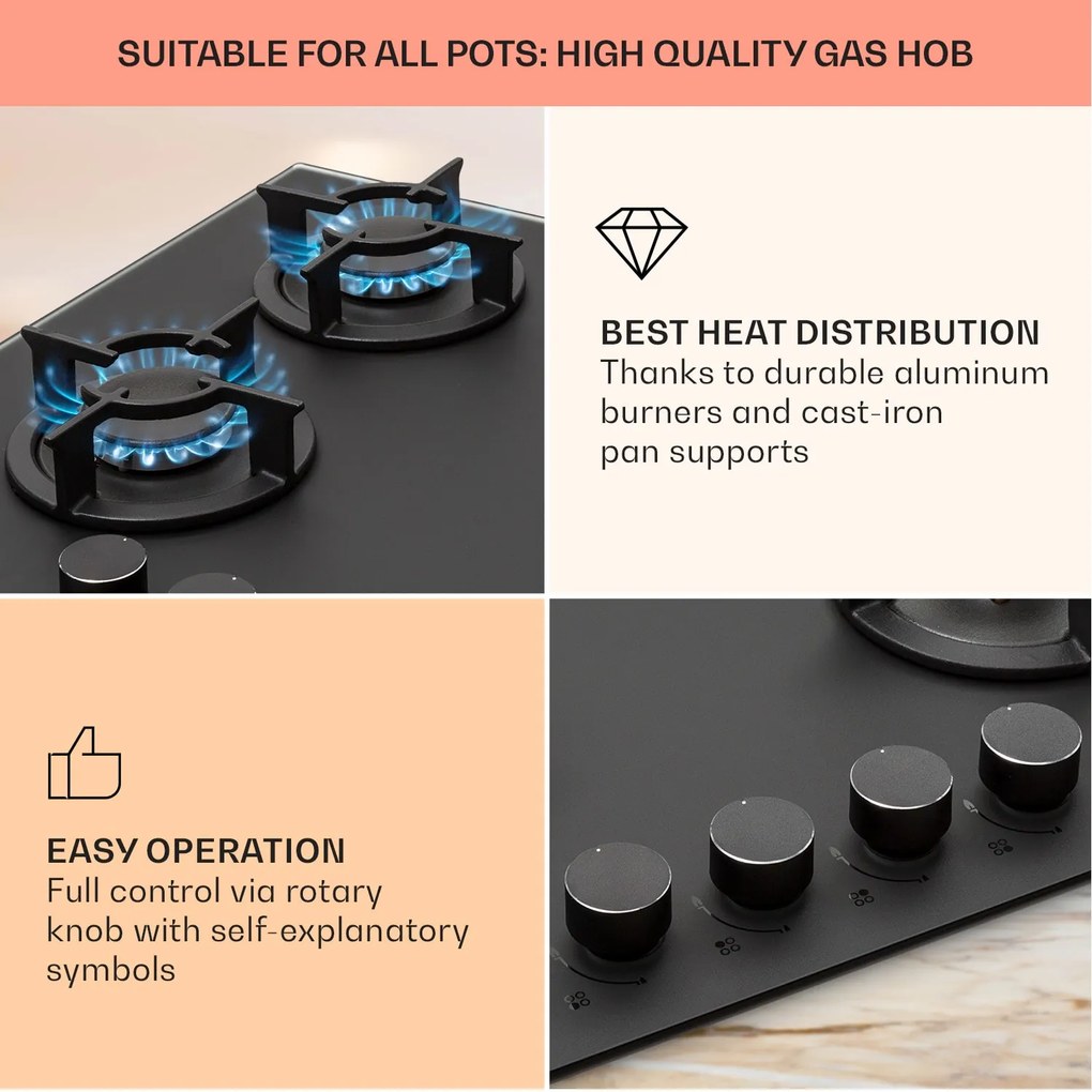 Klarstein Firetale, plynová varná doska, 4 hliníkové horáky, vrátane hadice a redukčného ventilu