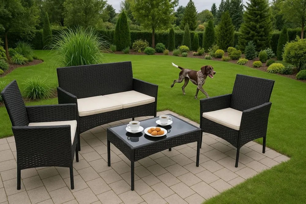 Záhradný set ratanového nábytku: Lavica + stolík + 2 kreslá - čierna