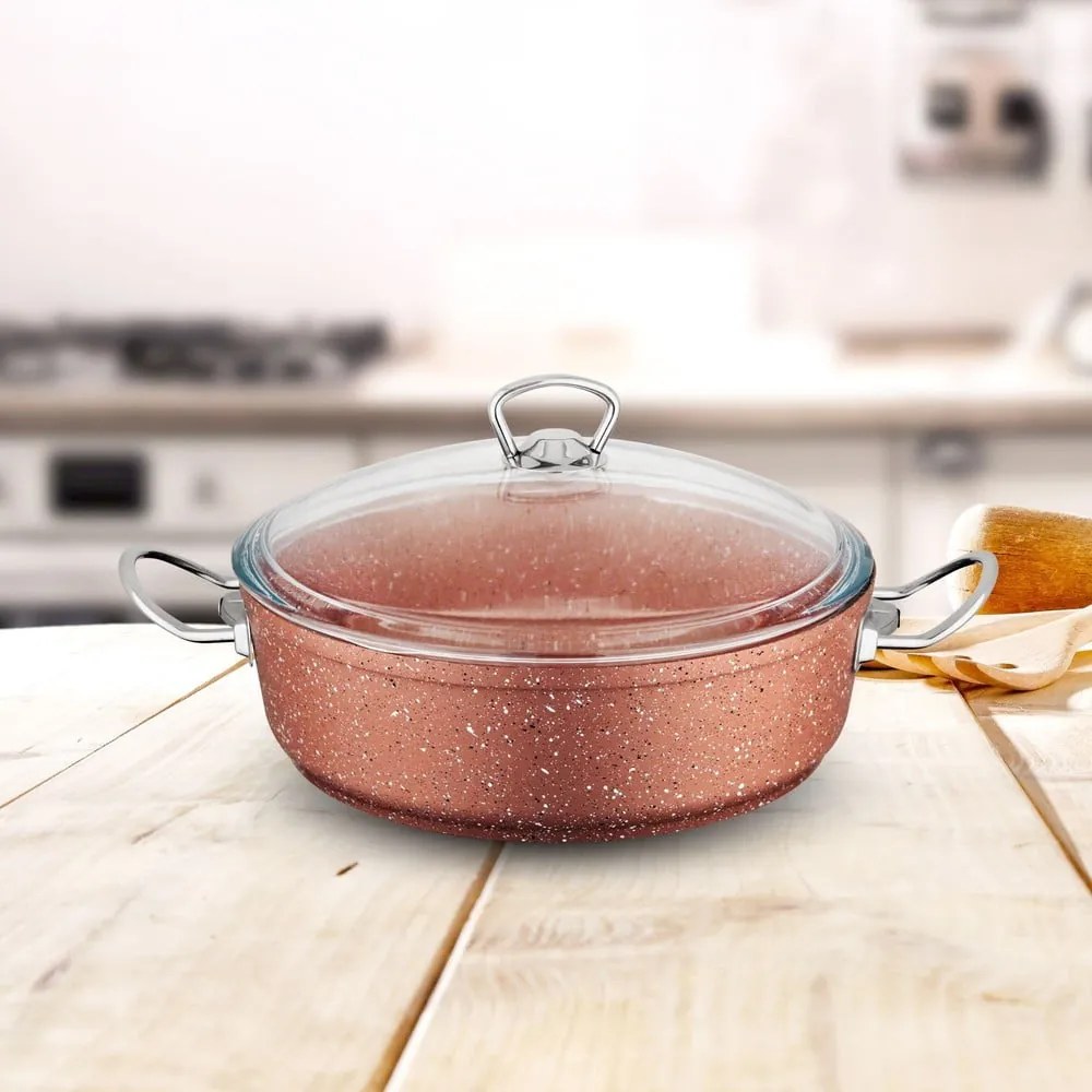 Ružový nízký hliníkový hrniec s pokrievkou Güral Porselen Classic, ø 26 cm