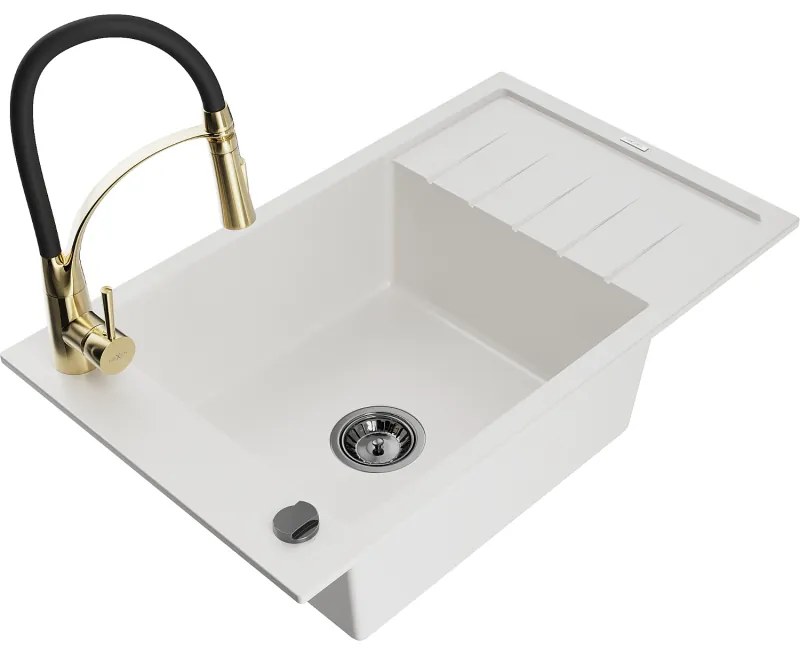 Mexen Elias, 1-komorový granitový drez 795x480x200 mm a drezová batéria Aster, biela, 6511-20-73450-57-B
