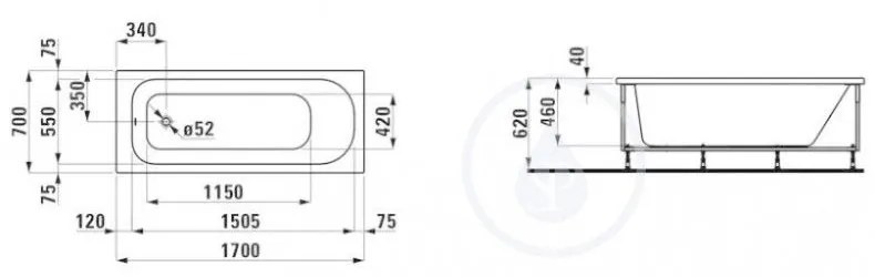 LAUFEN Solutions Vaňa s konštrukciou a L-panelom ľavým, 1700 mm x 700 mm, biela H2225050000001