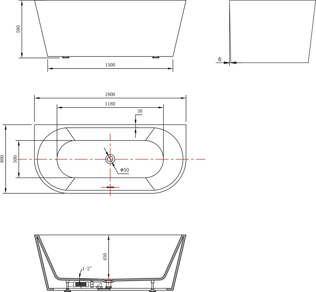 Aqualine Aqualine, TAJO nástenná stojaca vaňa 180x80cm, biela, E1990