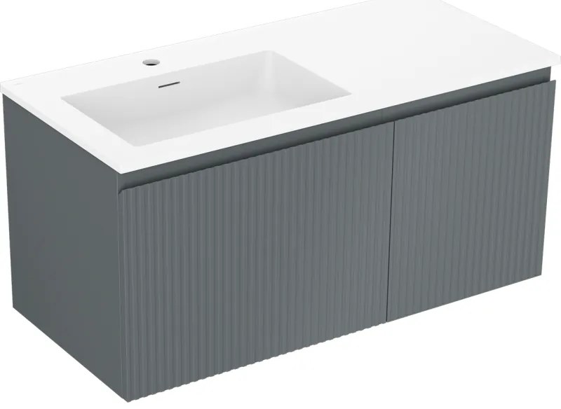Mexen Rivel, kúpeľňová skrinka 100 cm s umývadlom Otis vľavo, 1S, 1D, drážkovaná, grafitová matná/biela matná, 91A23-10047-3-BBFF66-W18L01
