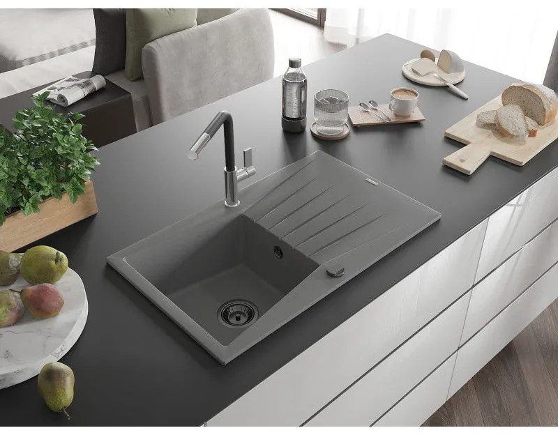 Mexen Cesar, 1-komorový granitový drez 775x470x190 mm a drezová batéria Flora, šedá, 6514-71-670401-07-B