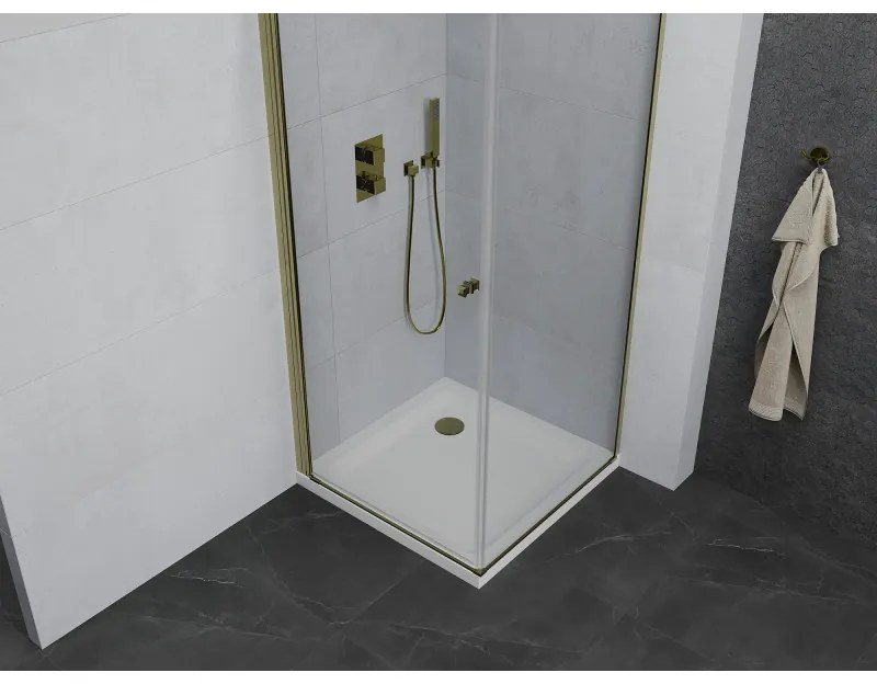 Mexen Pretoria sprchovací kút 90 x 90 cm, 6mm sklo, zlatý profil-číre sklo + slim sprchová vanička 5cm, 852-090-090-50-00-4010