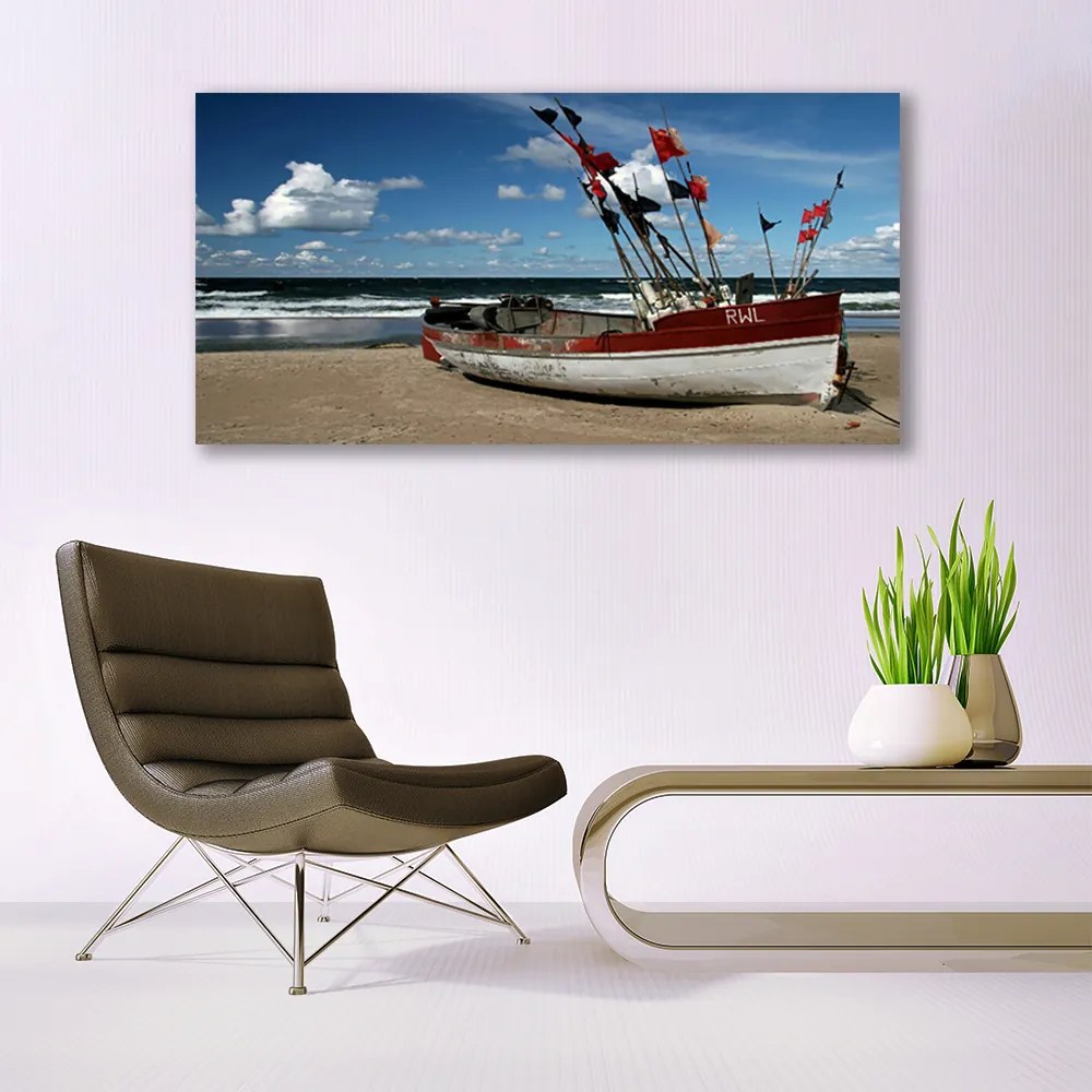 Obraz na akrylátovom skle More pláž loďka krajina 120x60 cm