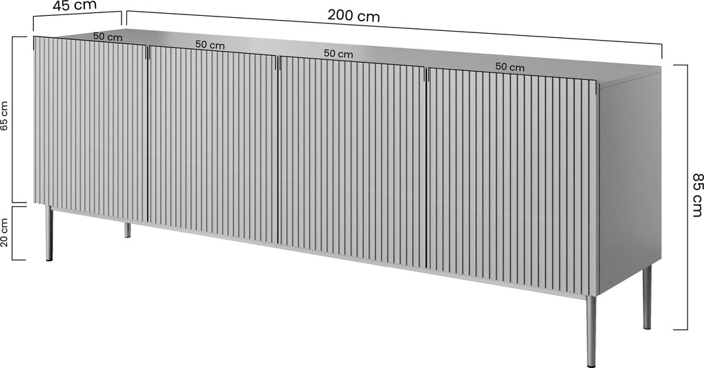 Štvordverová komoda Nicole 200 cm s ryhovaným čelom - kašmír / zlaté nožičky