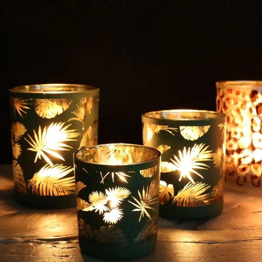 Sklenený svietnik s listami a perím L - 10 * 10 * 12cm