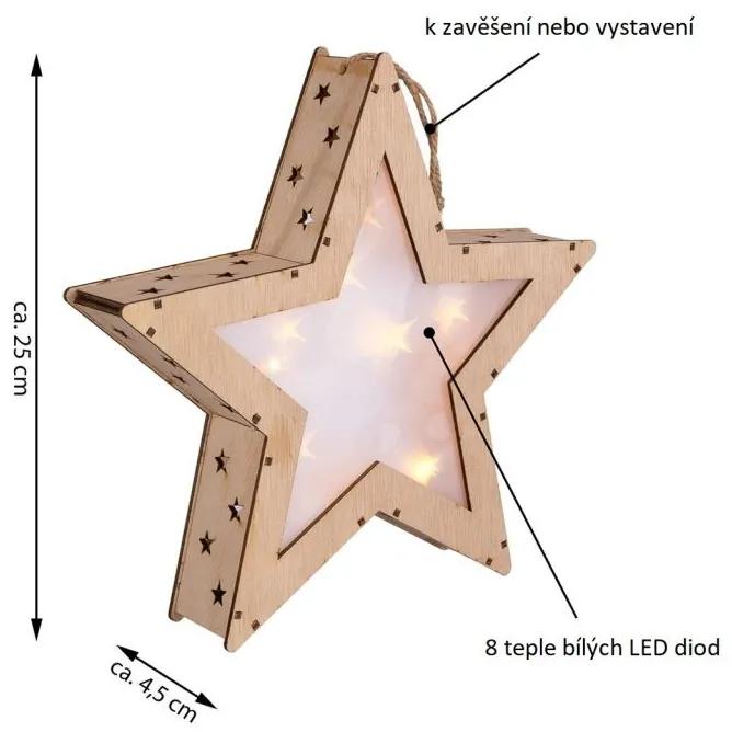 Vianočná drevená hviezda s 3D efektom, 8 LED