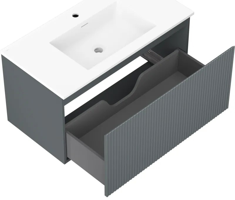 Mexen Rivel, kúpeľňová skrinka 90 cm s umývadlom Otis, 1 zásuvka, drážkovaná, grafitová matná/biela matná, 91A20-09047-1-BF66-W18M01