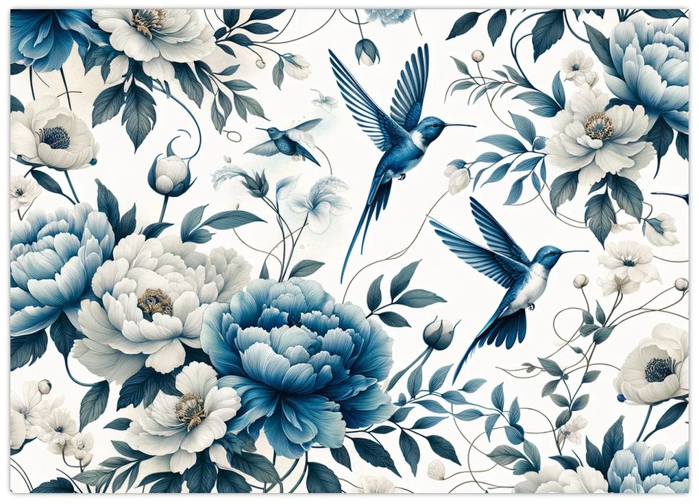 Obraz - Kolibríky s kvetmi (70x50 cm)