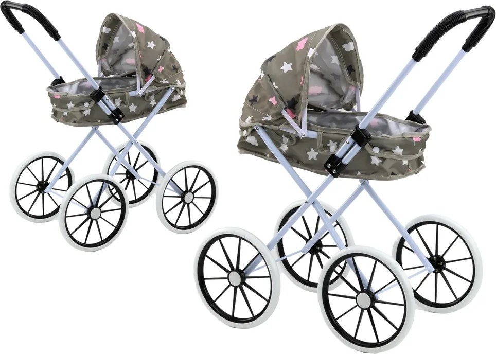 LEAN Toys Skladací kočík pre bábiky s veľkými kolesami, hviezdičky sivé