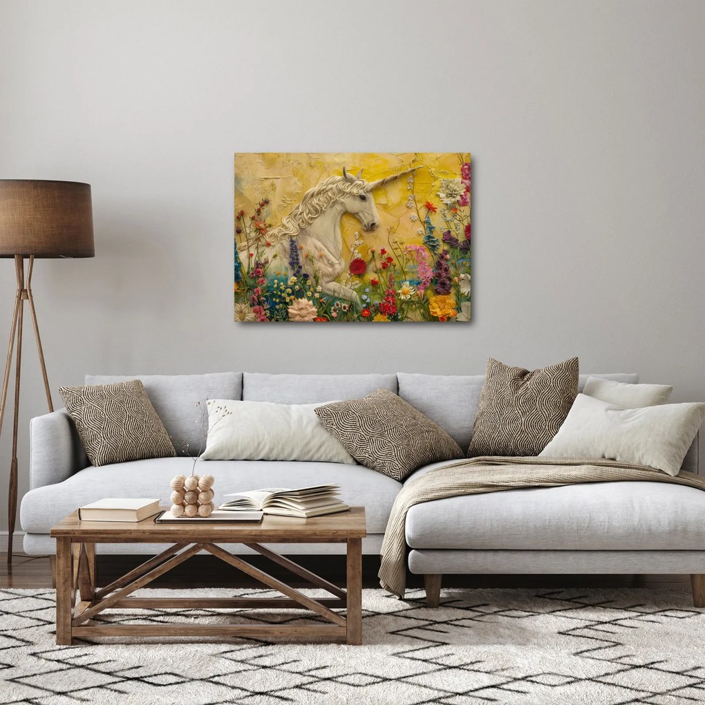 Obraz - Jednorožec s kvetinami (70x50 cm)
