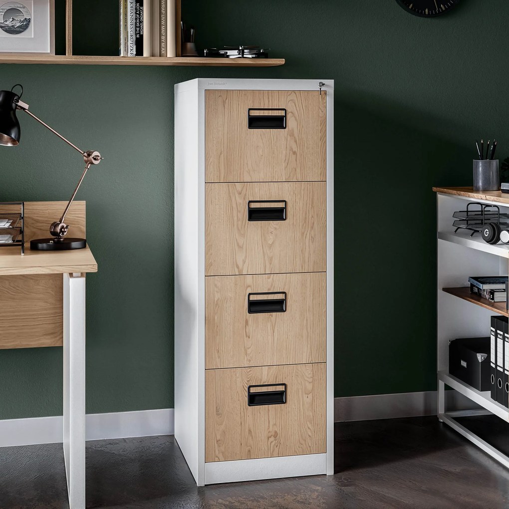 Kovová kartotéka, 4 zásuvky SARA V4, 460 x 1320 x 620 mm, Eco Design: biela/ dub sonoma