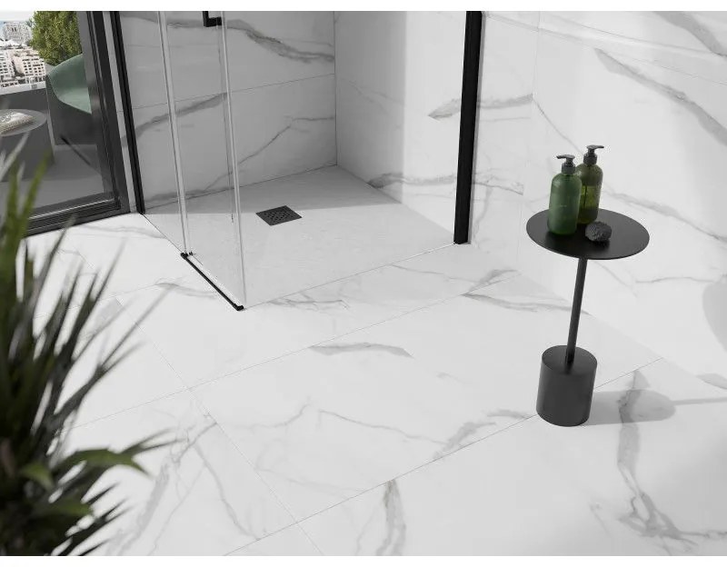 Mexen Stone+, štvorcová vanička z minerálneho kompozitu 100 x 100 cm, biela, čierna krytka, 44101010-B