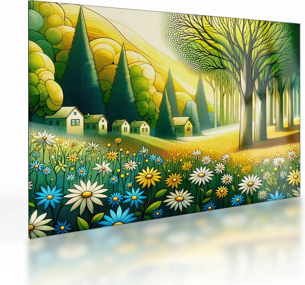 Sklenený obraz - Dedina v žlto-zelenej (70x50 cm)