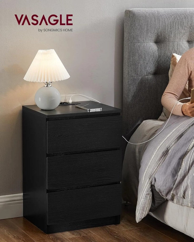 Sada 2 nočných stolíkov, 3 zásuvky, 2 AC zásuvky, 2 USB porty, čierne