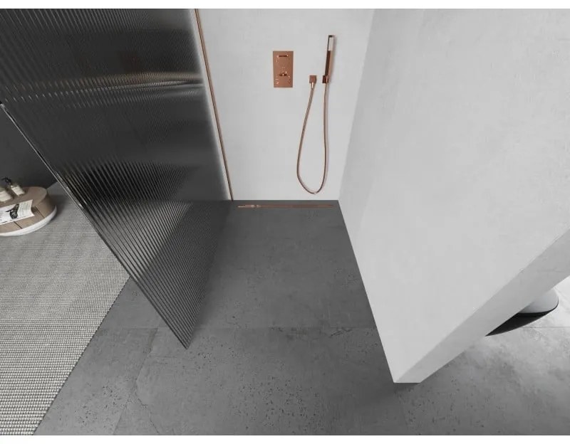 Mexen Kioto L, sprchová zástena Walk-In 110 x 200 cm, 8mm sklo s rebrovým vzorom, medený matný profil, 800-110-103-65-09