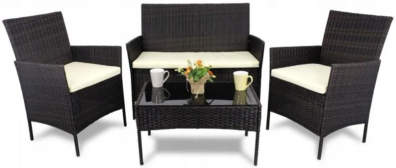 ShopJK ZÁHRADNÝ RATANOVÝ NÁBYTOK  FOUR,  HNEDÝ, KRÉMOVÉ VANKÚŠE