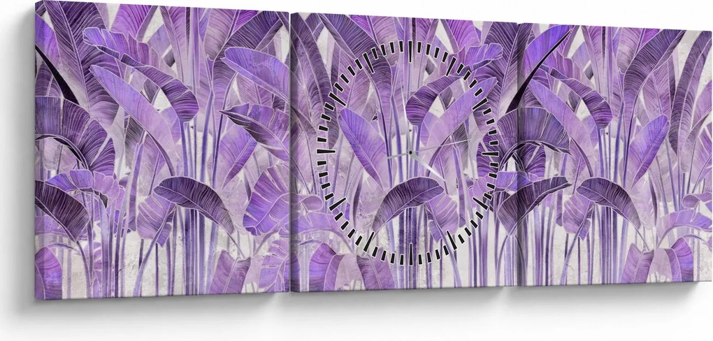 Obraz - Fialové listy v omietke (s hodinami) (90x30 cm)