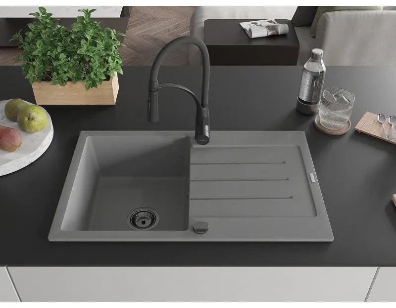 Mexen Bruno, 1-komorový granitový drez 795x495x200 mm a drezová batéria Aster, šedá, 6513-71-73450-70-B