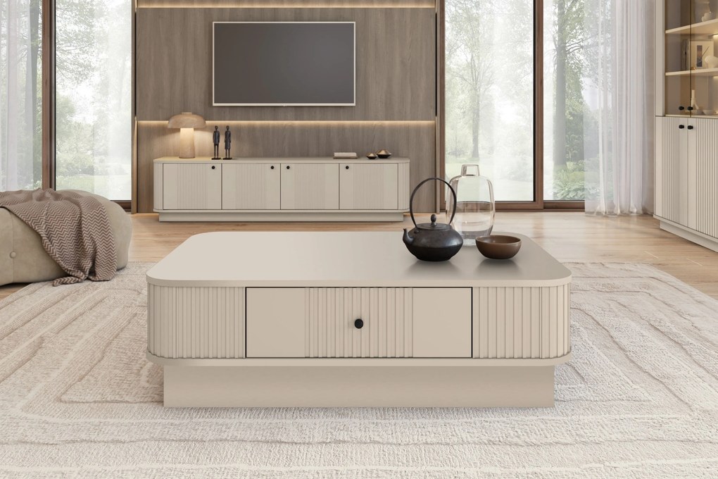 Kávový stolík Vesper 103x60 cm so zásuvkou na sokli - kasmír / čierny úchyt