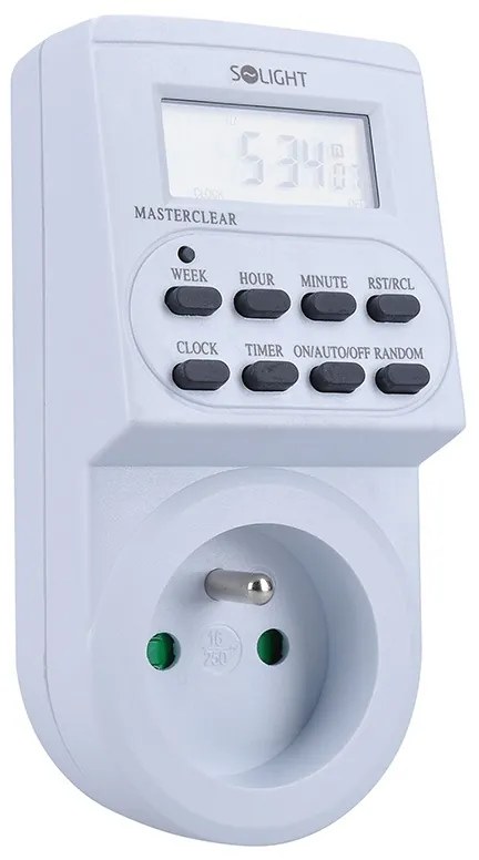 SOLIGHT Digitálny týždenný časový spínač 230V/16A, 1 zásuvka, biely