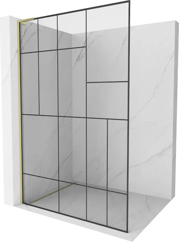 Mexen Kioto L, sprchová zástena Walk-In 90 x 200 cm, 8mm číre sklo čierny vzor, zlatý matný profil, 800-090-103-55-78